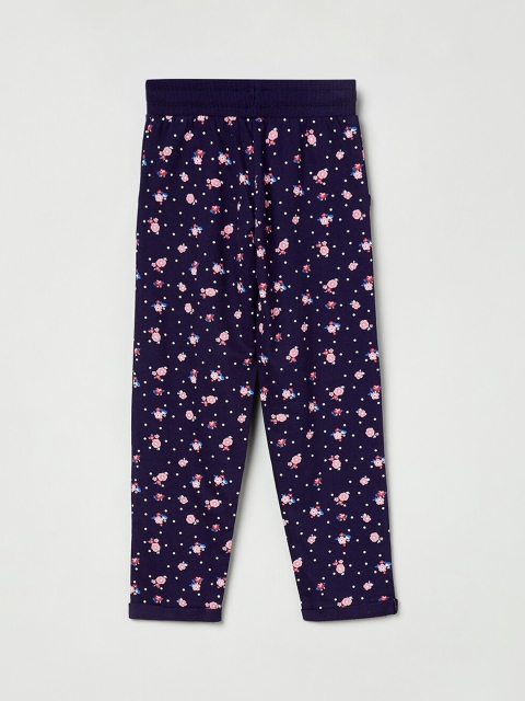 

max Girls Navy Blue & Pink Floral Printed Straight-Fit Track Pants