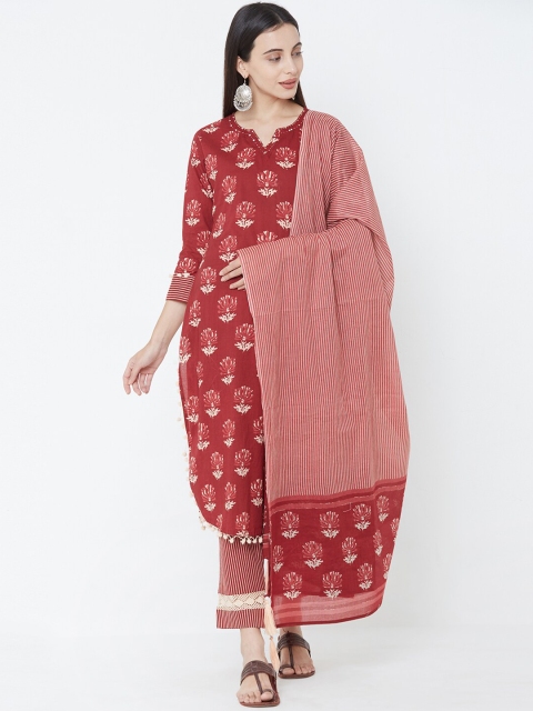 

FASHOR Women Maroon Printed Kurta with Trousers & Dupatta