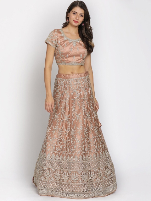

Koskii Women Camel Brown & White Embellished Semi-Stitched Lehenga & Unstitched Blouse with Dupatta
