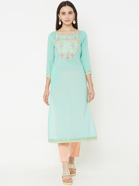 

FASHOR Women Sea Green & Peach-Coloured Embroidered Kurta with Trousers