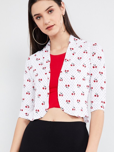 

max Women White & Red Printed Open Front Crop Shrug
