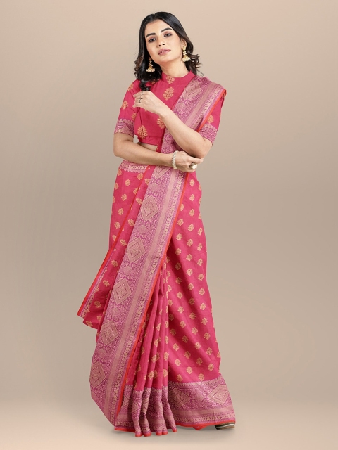 

BharatSthali Pink & Gold-Toned Silk Cotton Woven Design Banarasi Handloom Saree