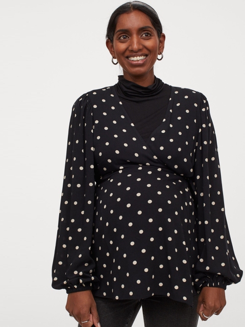 

H&M Women Black & White Polka Dot Print MAMA Wrapover Blouse