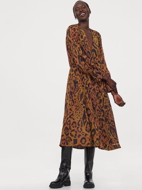 H&M Women Brown & Black Animal Print Calf-Length Dress