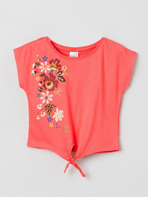 

max Girls Orange Printed Round Neck T-shirt