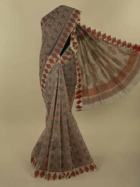 

Pothys Cream-Coloured & Red Supernet Floral Printed Saree
