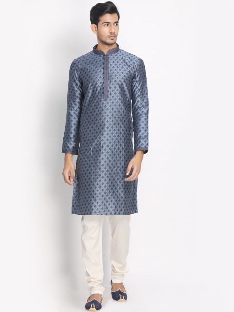 

Manyavar Men Blue & White Jacquard Self Design Kurta with Pyjamas