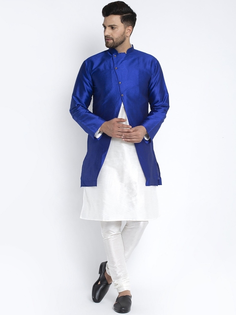 

Benstoke Men White & Blue Solid Dupion Silk Kurta Set