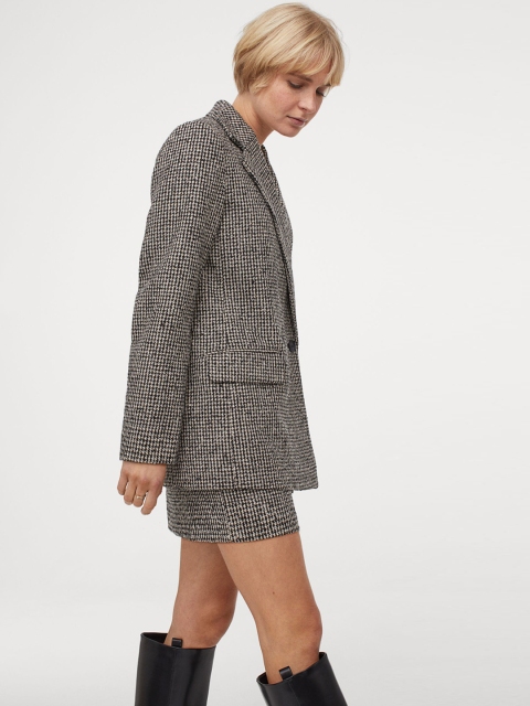 

H&M Women Black & Beige Printed Double-Breasted Boucl Sustainable Jacket