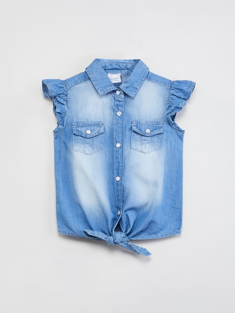 

max Girls Blue Solid Shirt collar T-shirt