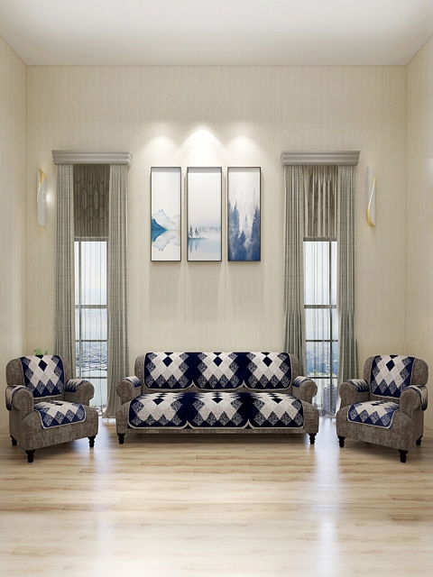 

ROMEE Set Of 12 Navy Blue & Grey Self Design 5-Seater Sofa Cover With 6 Arm Covers