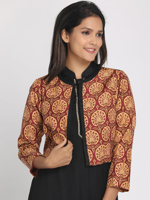 

Nakshi Women Maroon Floral Lightweight Crop Bomber with Embroidered Jacket