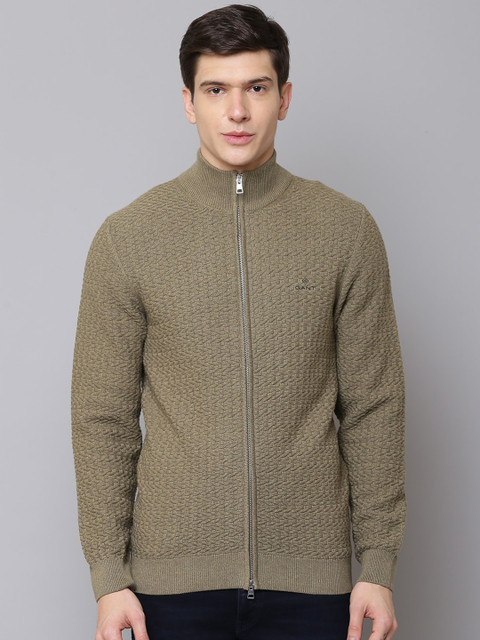 

GANT Men Khaki Self Design Open-Front Sweater