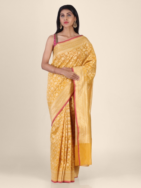 

Shruti and Mangaaysh Yellow Silk Blend Printed Banarasi Saree