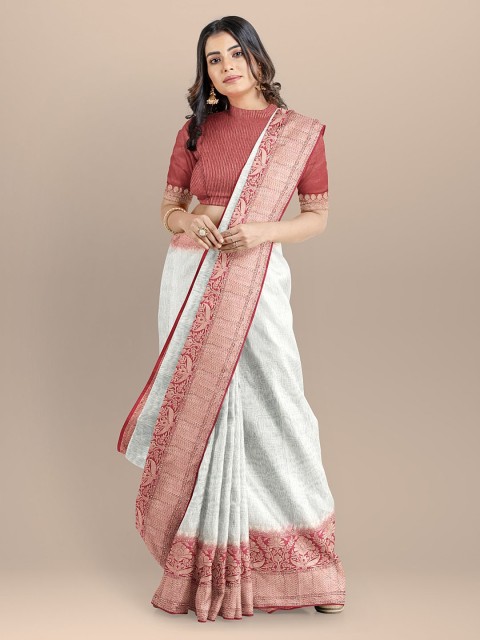 

BharatSthali White & Red Pure Linen Woven Design Banarasi Sustainable Saree