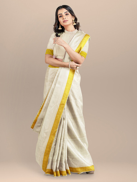 

BharatSthali Cream-Coloured & Gold-Toned Pure Cotton Woven Design Handloom Kasavu Sustainable Saree