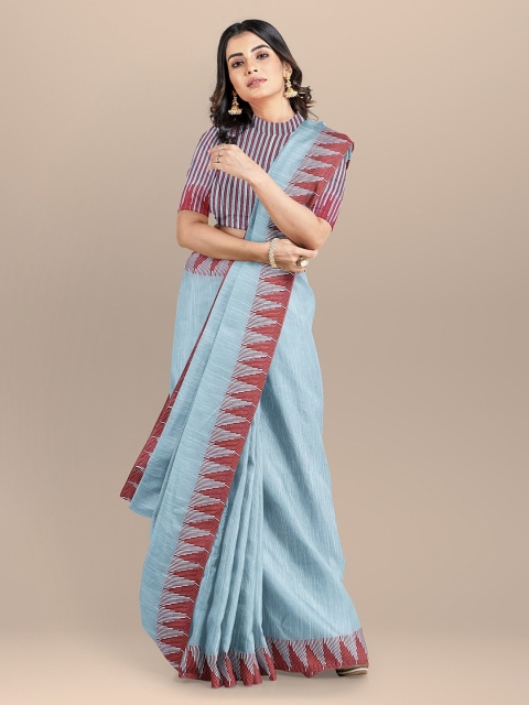 

BharatSthali Blue Solid Linen Blend Bhagalpuri Saree