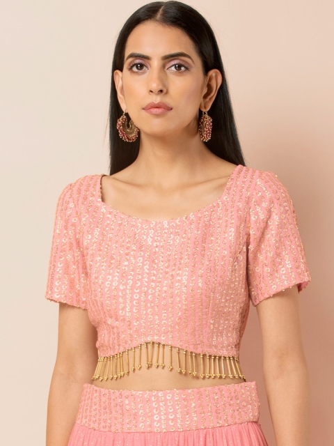 

INDYA Women Pink Sequin Fringe Hem Ethnic Crop Top