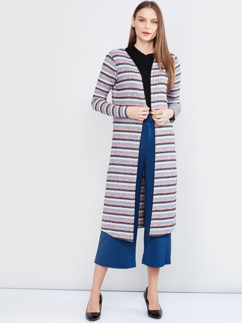 

max Women White & Grey Striped Open Front Longline Shrug