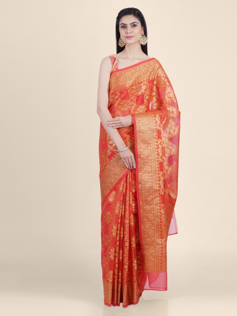 Shruti and Mangaaysh Red & Gold-Toned Silk Blend Woven Design Banarasi Saree