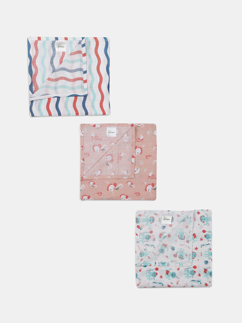 

Kaarpas Infant Kids Pack Of 3 Multicoloured Printed Organic Muslin Cotton Swaddles, White