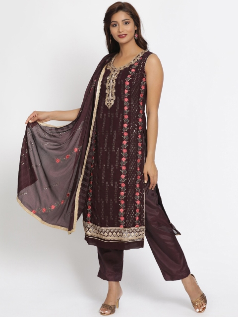 

Koskii Women Brown & Pink Floral-Print Embellished Unstitched Dress Material