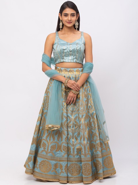 

6Y COLLECTIVE Women Turquoise Blue & Gold-Toned Sequin Embroidered Brocade Weave Ready to Wear Raw Silk Lehenga & Unstitched Choli with Dupatta