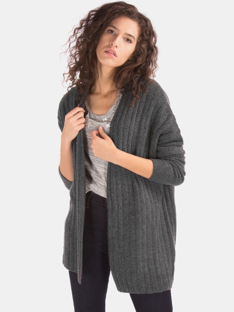 

GAP Women Grey Striped Front-Open Longline Sweater