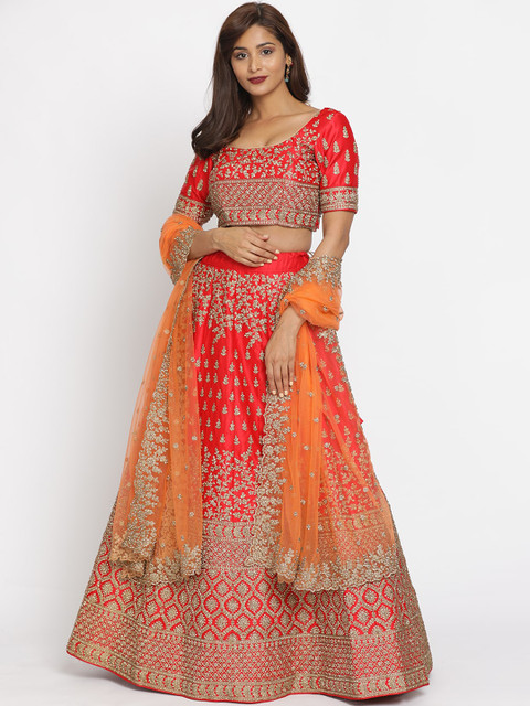 

Koskii Red & Gold Coloured Embellished Semi-Stitched Lehenga With Unstitched Blouse & Dupatta