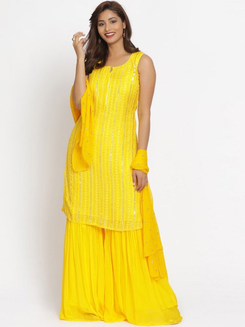 

Koskii Women Yellow Embroidered Kurta with Skirt & Dupatta