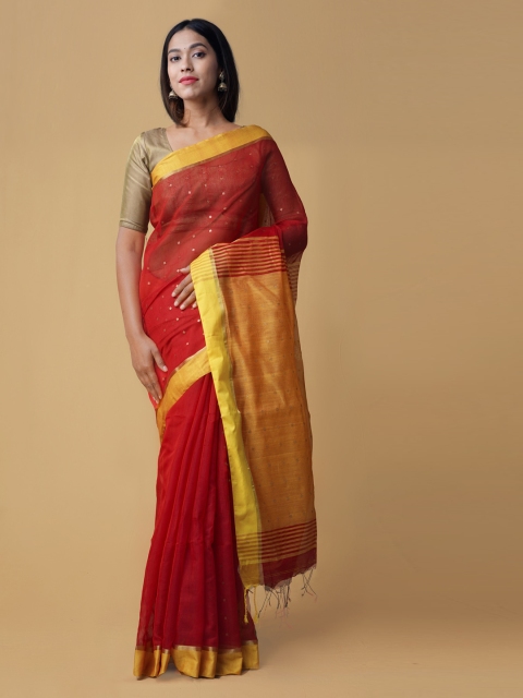 Unnati Silks Red Striped Maheshwari Saree