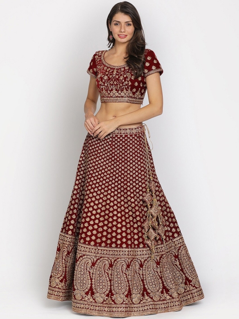 

Koskii Women Maroon & Gold-Coloured Embellished Velvet Semi-Stitched Lehenga & Unstitched Blouse with Dupatta