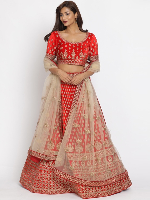 

Koskii Women Red & Gold-Coloured Embellished Velvet Semi-Stitched Lehenga & Unstitched Blouse with Dupatta