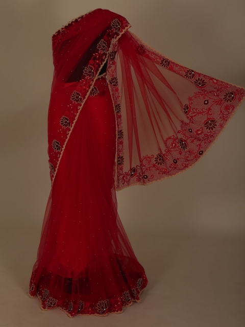 

Pothys Red Embellished Jute Silk Saree