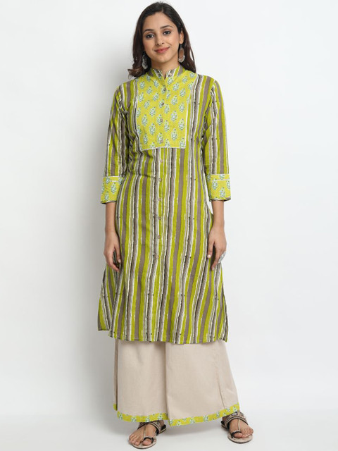 

Molcha Women Green Striped Kurti with Trousers