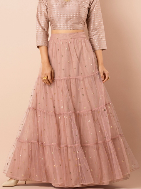 

INDYA Women Pink Foil Embellished Tiered Flared Net Maxi Skirt
