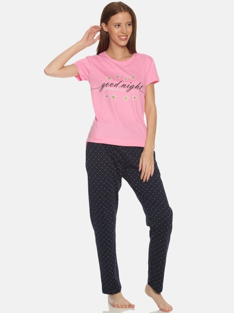 

TWIN BIRDS Women Pink & Navy Blue Printed Night Suit