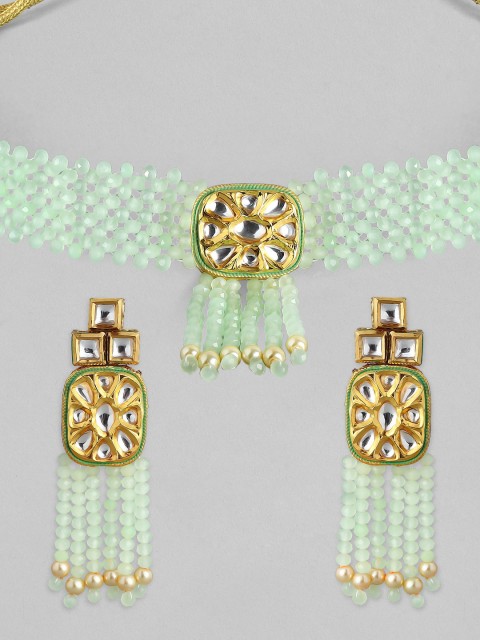 

Rubans 24K Gold-Plated & Green Kundan Studded Beaded Choker Jewellery Set