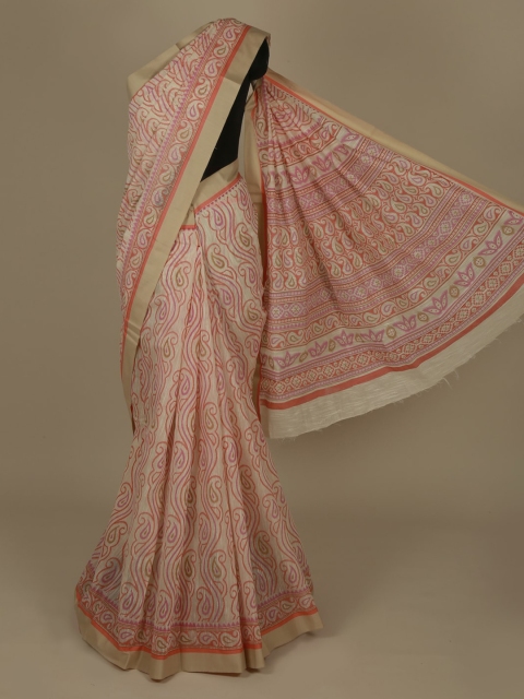 

Pothys Cream-Coloured & Pink Supernet Printed Saree