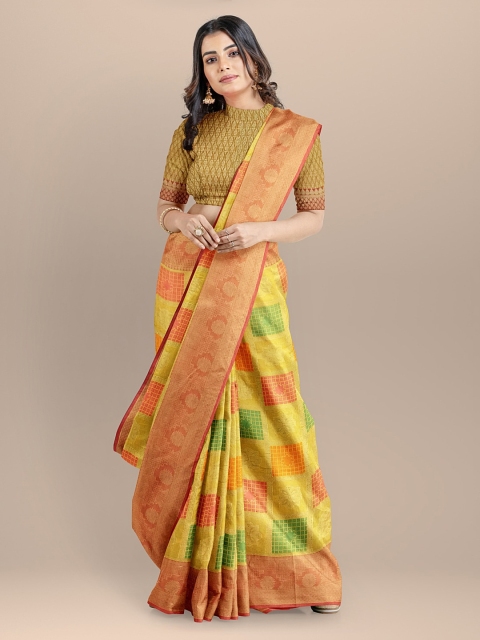 

BharatSthali Yellow Checked Banarasi Sustainable Saree