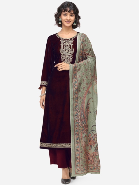 

Stylee LIFESTYLE Maroon & Green Embroidered Unstitched Dress Material