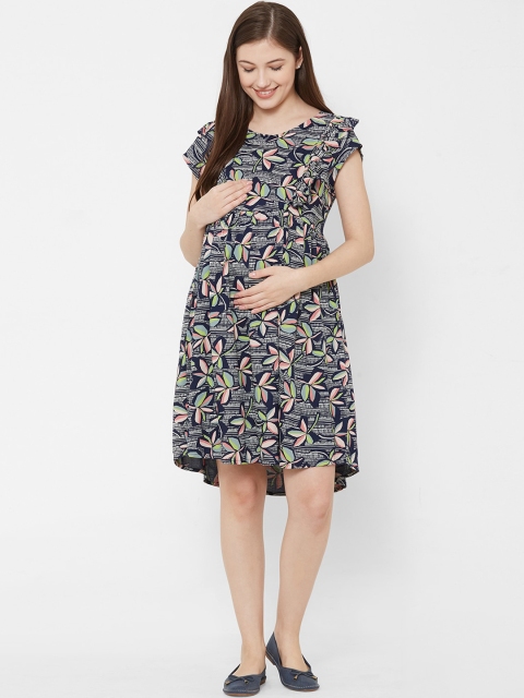 

Mystere Paris Women Blue Floral Printed Fit and Flare Maternity Dress