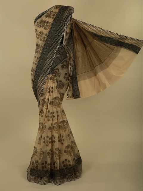 

Pothys Cream-Coloured & Grey Supernet Woven Design Saree