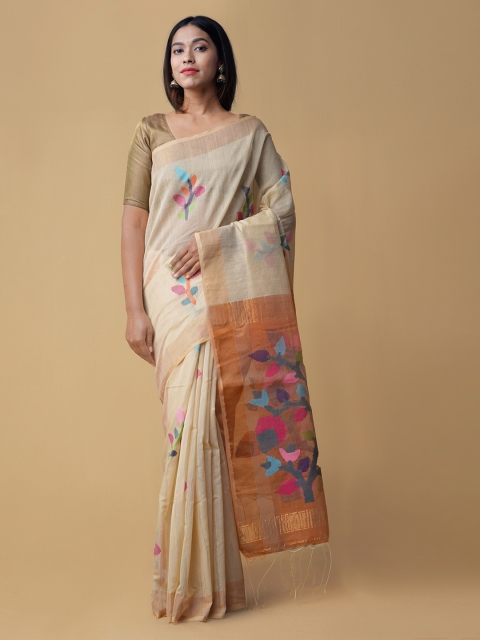 

Unnati Silks Cream-Coloured Woven Design Maheshwari Saree