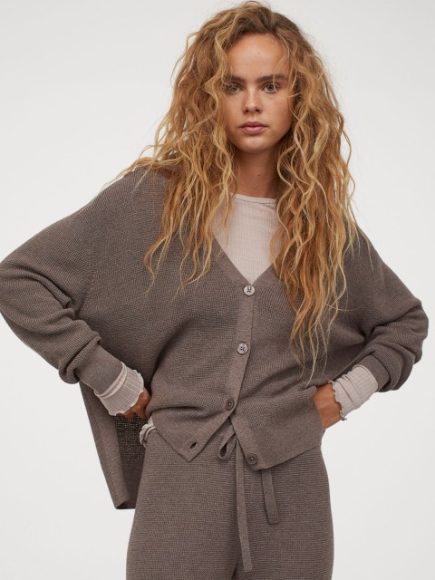 

H&M Women Brown Solid Waffle-knit cardigan