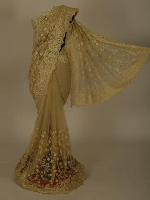 

Pothys Beige & Gold-Toned Jute Silk Embroidered Saree