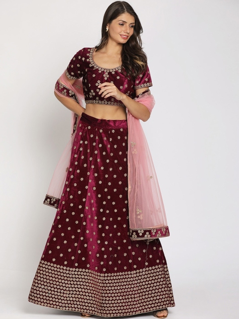 

Koskii Women Maroon & Gold-Coloured Zariwork Velvet Lehenga Choli With Dupatta