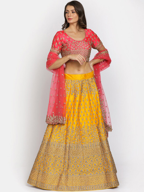 

Koskii Yellow & Pink Embellished Semi-Stitched Lehenga & Unstitched Blouse with Dupatta