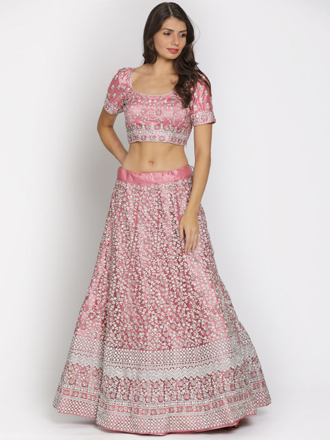 

Koskii Women Pink & Silver-Coloured Embellished Semi-Stitched Lehenga & Blouse with Dupatta