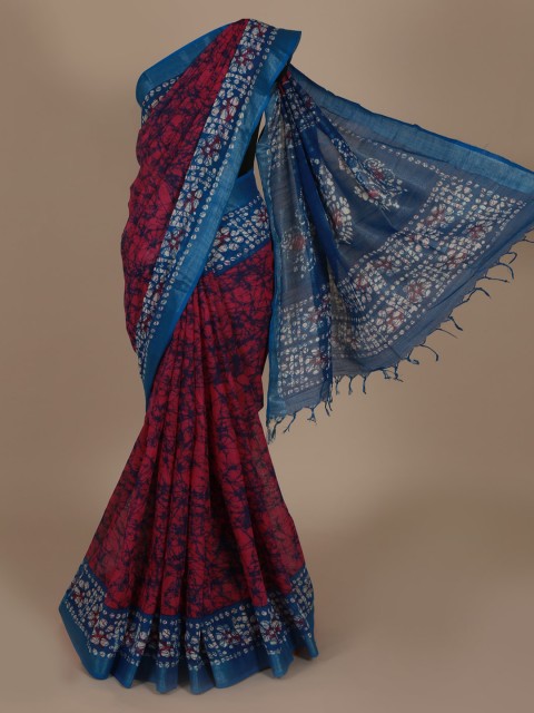 

Pothys Magenta & Blue Linen Blend Printed Saree